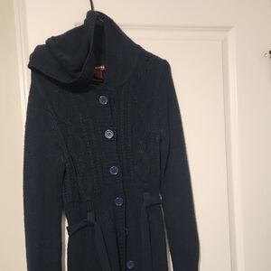 Navy Blue Cable Knit Sweater with Hood